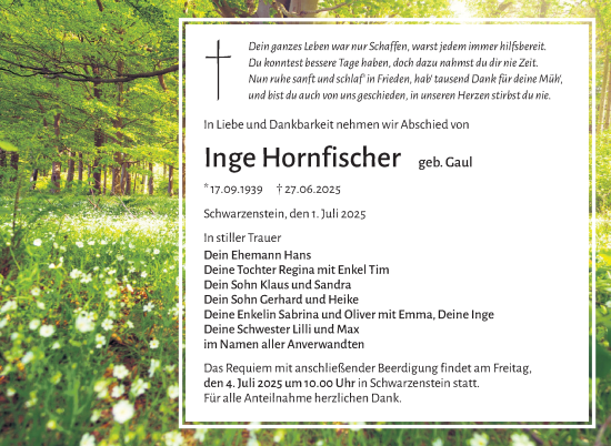 Traueranzeige von Inge Hornfischer von Frankenpost