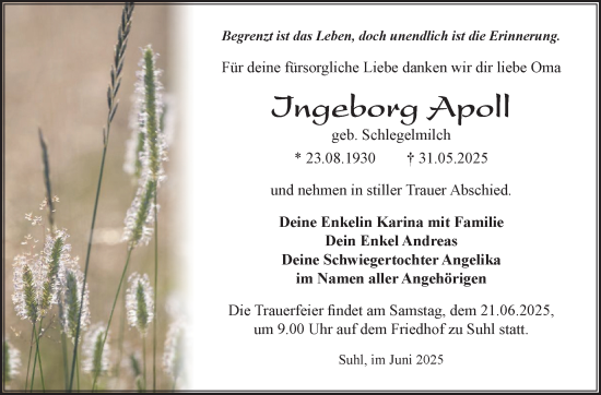 Traueranzeige von Ingeborg Apoll von Südthüringer Presse