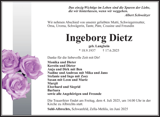 Traueranzeige von Ingeborg Dietz von Südthüringer Presse