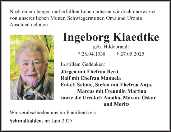 Traueranzeige von Ingeborg Klaedtke von Südthüringer Presse