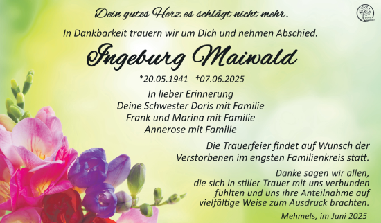 Traueranzeige von Ingeburg Maiwald von Südthüringer Presse