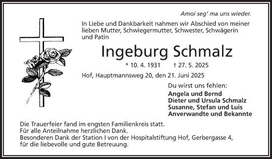 Traueranzeige von Ingeburg Schmalz von Frankenpost