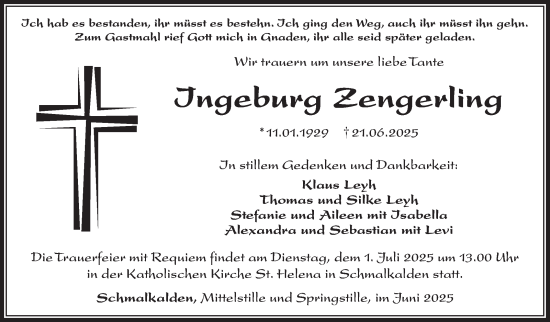 Traueranzeige von Ingeburg Zengerling von Südthüringer Presse