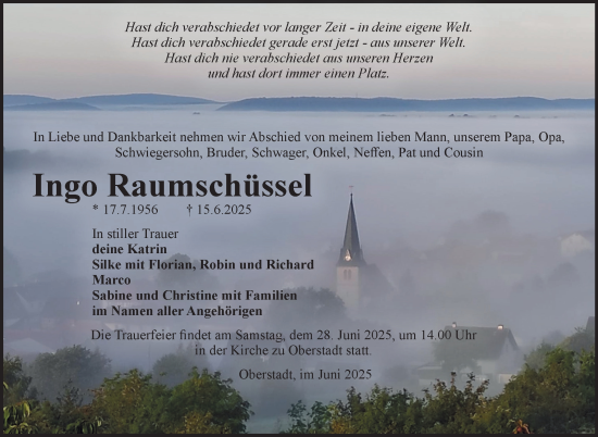 Traueranzeige von Ingo Raumschüssel von Südthüringer Presse