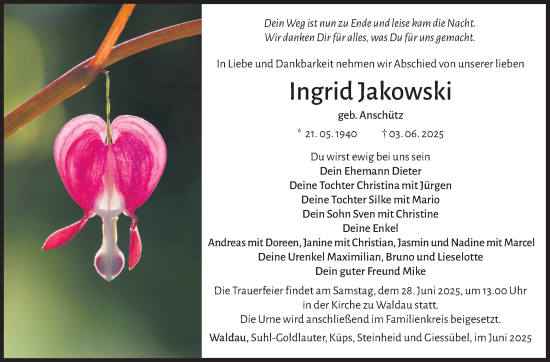 Traueranzeige von Ingrid Jakowski von Südthüringer Presse