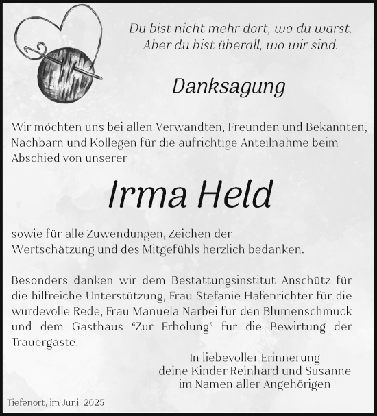 Traueranzeige von Irma Held von Südthüringer Presse