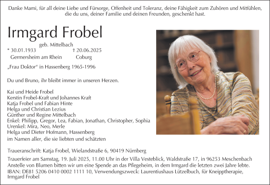 Traueranzeige von Irmgard Frobel von Neue Presse Coburg