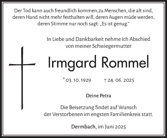 Traueranzeige von Irmgard Rommel von Südthüringer Presse
