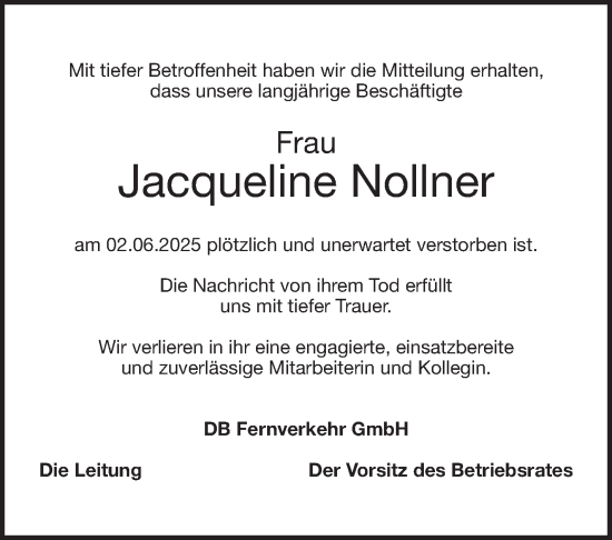Traueranzeige von Jacqueline Nollner von Südthüringer Presse