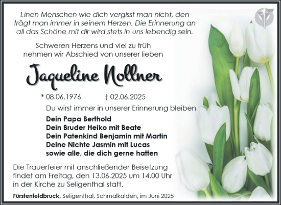 Traueranzeige von Jaqueline Nollner von Südthüringer Presse