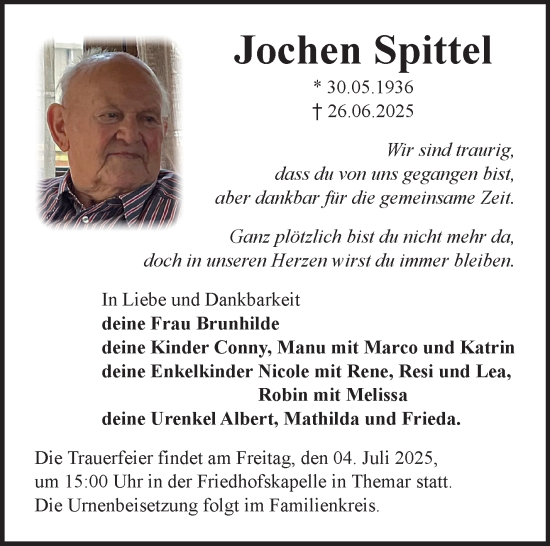 Traueranzeige von Jochen Spittel von Südthüringer Presse