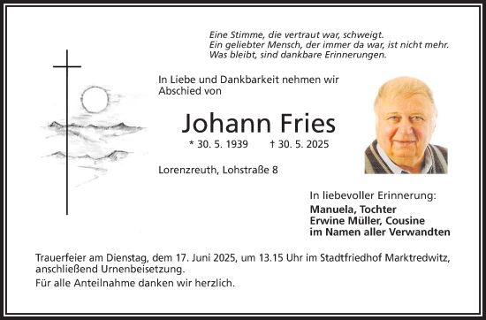 Traueranzeige von Johann Fries von Frankenpost