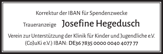 Traueranzeige von Josefine Hegedusch von Neue Presse Coburg