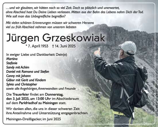Traueranzeige von Jürgen Grzeskowaik von Südthüringer Presse