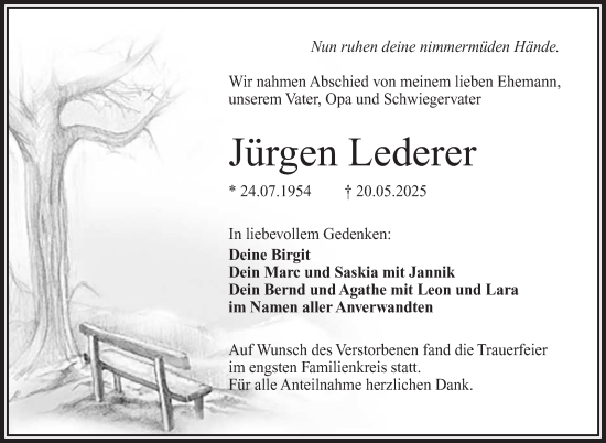 Traueranzeige von Jürgen Lederer von Frankenpost