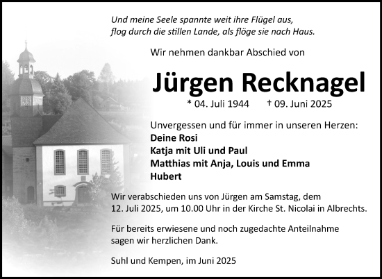 Traueranzeige von Jürgen Recknagel von Südthüringer Presse