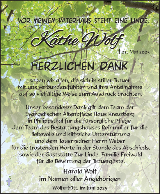 Traueranzeige von Käthe Wolf von Südthüringer Presse