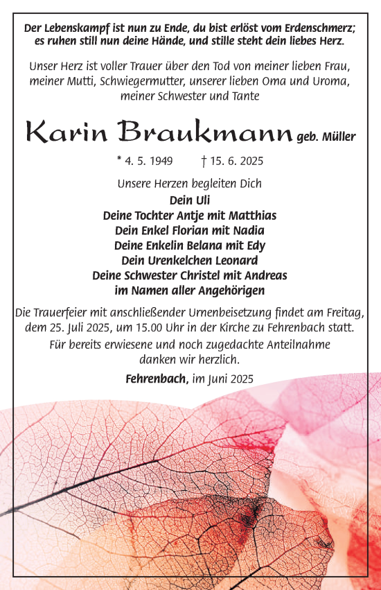 Traueranzeige von Karin Braukmann von Südthüringer Presse