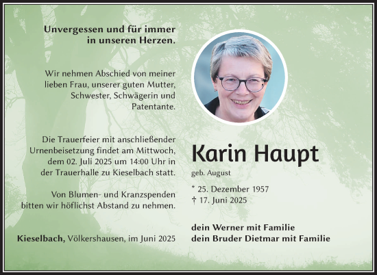 Traueranzeige von Karin Haupt von Südthüringer Presse