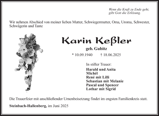 Traueranzeige von Karin Keßler von Südthüringer Presse