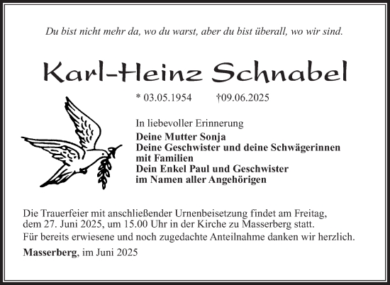 Traueranzeige von Karl-Heinz Schnabel von Südthüringer Presse