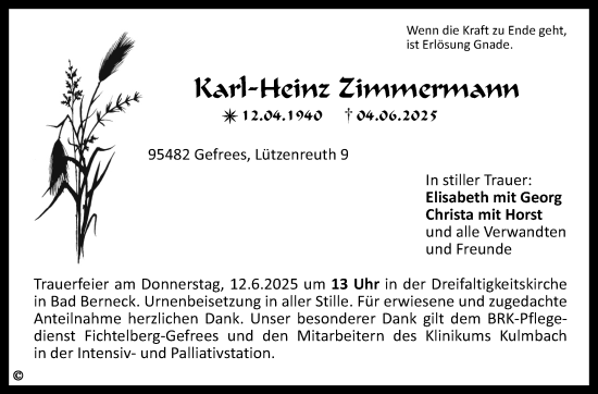 Traueranzeige von Karl-Heinz Zimmermann von Südthüringer Presse