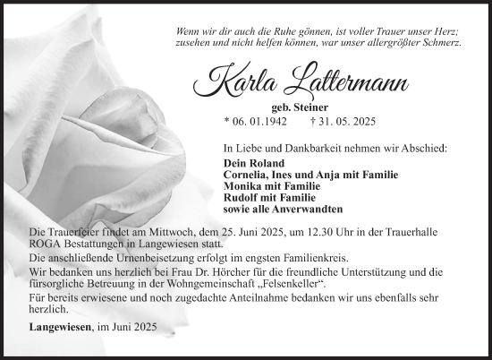 Traueranzeige von Karla Lattermann von Südthüringer Presse