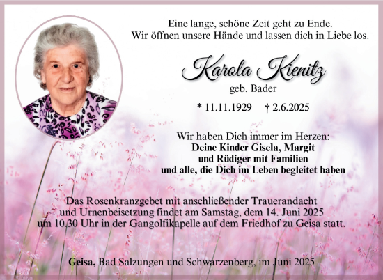 Traueranzeige von Karola Kienitz von Südthüringer Presse