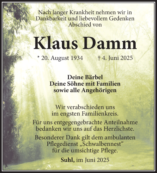 Traueranzeige von Klaus Damm von Südthüringer Presse