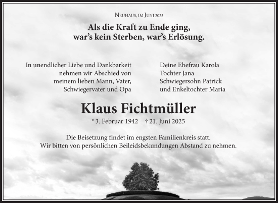 Traueranzeige von Klaus Fichtmüller von Südthüringer Presse