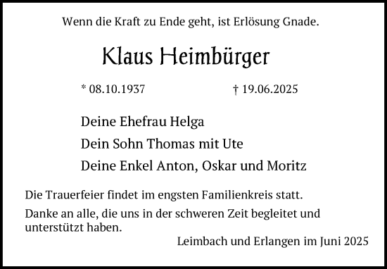 Traueranzeige von Klaus Heimbürger von Südthüringer Presse