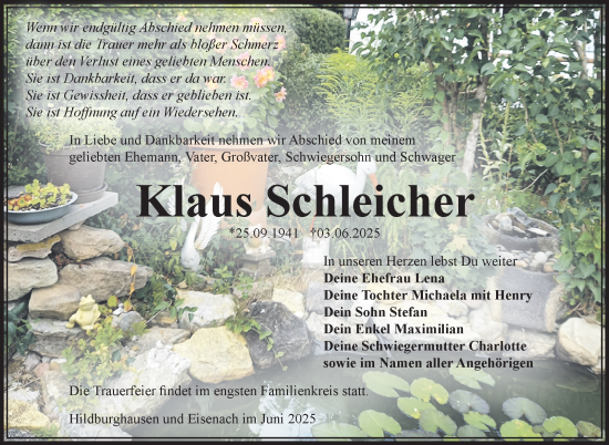 Traueranzeige von Klaus Schleicher von Südthüringer Presse
