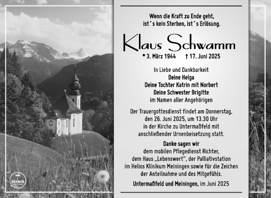 Traueranzeige von Klaus Schwamm von Südthüringer Presse