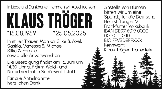 Traueranzeige von Klaus Tröger von Frankenpost