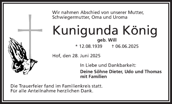 Traueranzeige von Kunigunda König von Frankenpost