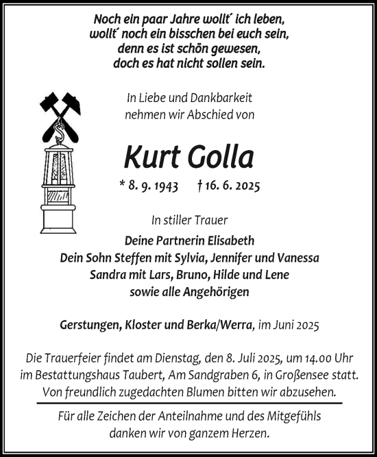 Traueranzeige von Kurt Golla von Südthüringer Presse