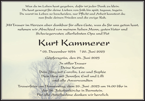Traueranzeige von Kurt Kammerer von Frankenpost