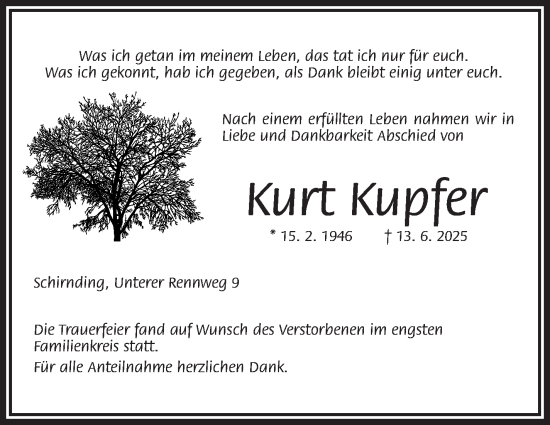 Traueranzeige von Kurt Kupfer von Frankenpost