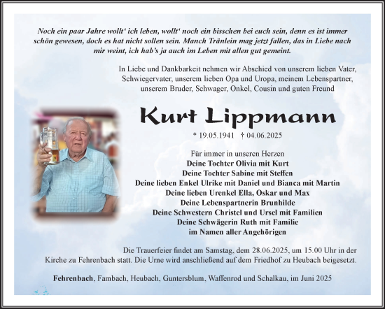 Traueranzeige von Kurt Lippmann von Südthüringer Presse