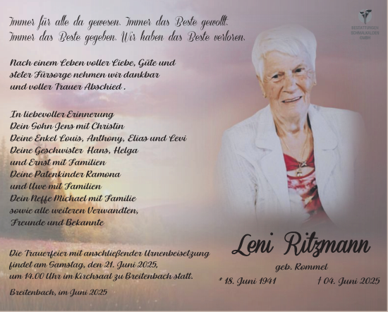 Traueranzeige von Leni Ritzmann von Südthüringer Presse