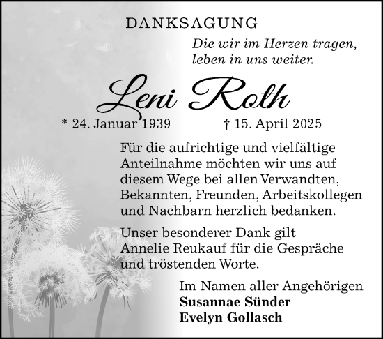 Traueranzeige von Leni Roth von Südthüringer Presse