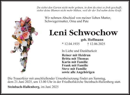 Traueranzeige von Leni Schwochow von Südthüringer Presse