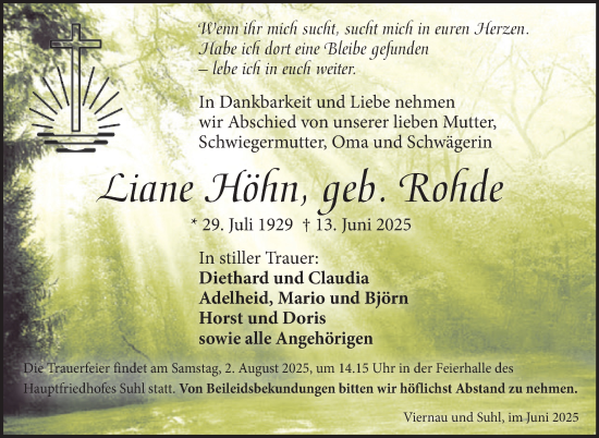 Traueranzeige von Liane Höhn von Südthüringer Presse