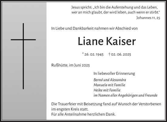 Traueranzeige von Liane Kaiser von Frankenpost