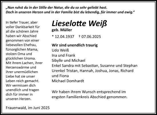 Traueranzeige von Lieselotte Weiß von Südthüringer Presse