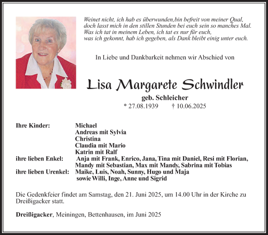 Traueranzeige von Lisa Margarete Schwindler von Südthüringer Presse