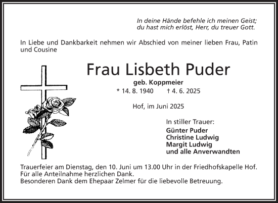 Traueranzeige von Lisbeth Puder von Frankenpost