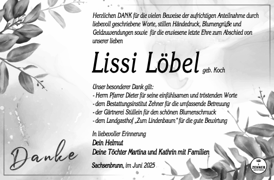 Traueranzeige von Lissi Löbel von Südthüringer Presse