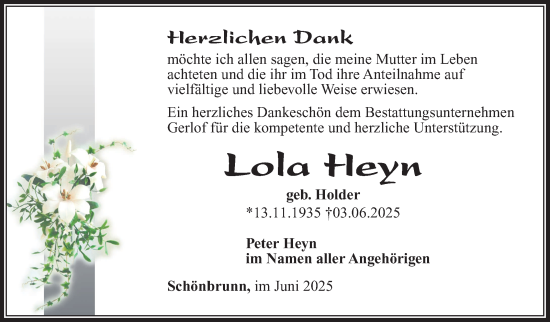 Traueranzeige von Lola Heyn von Südthüringer Presse