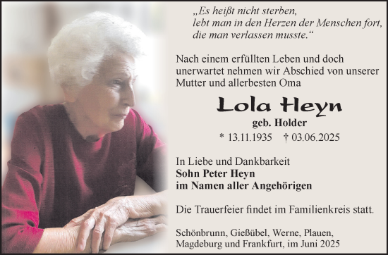 Traueranzeige von Lola Heyn von Südthüringer Presse